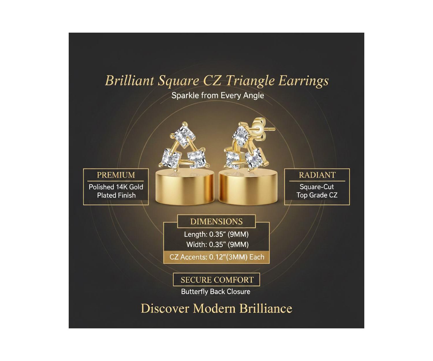 Brilliant Square CZ Triangle Earrings in 14K Gold Plated