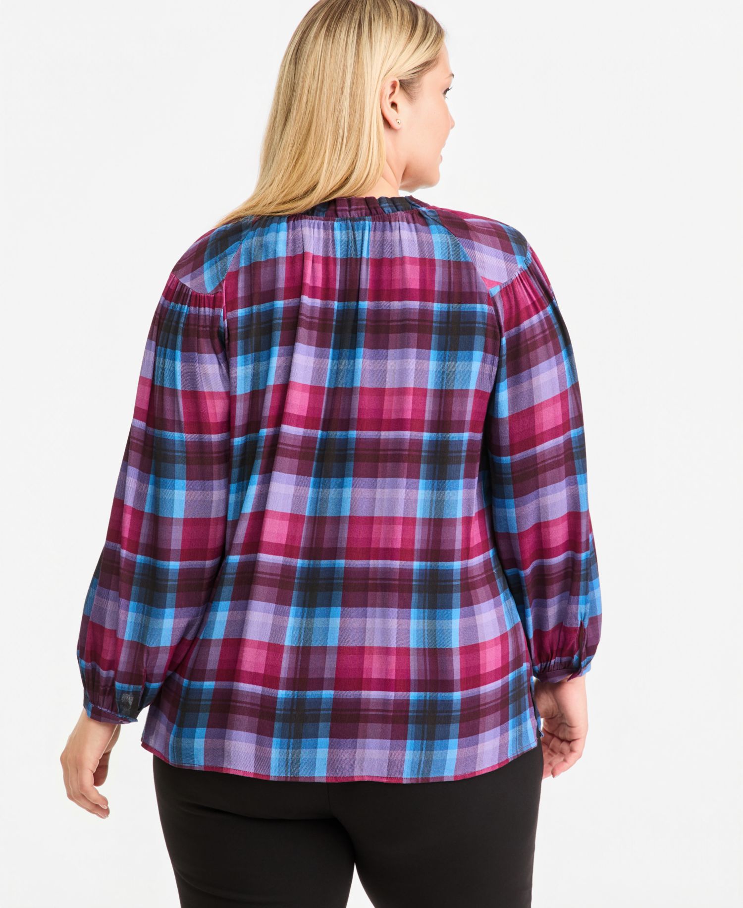 Plus Size Long-Sleeve Plaid Split-Neck Peasant Blouse