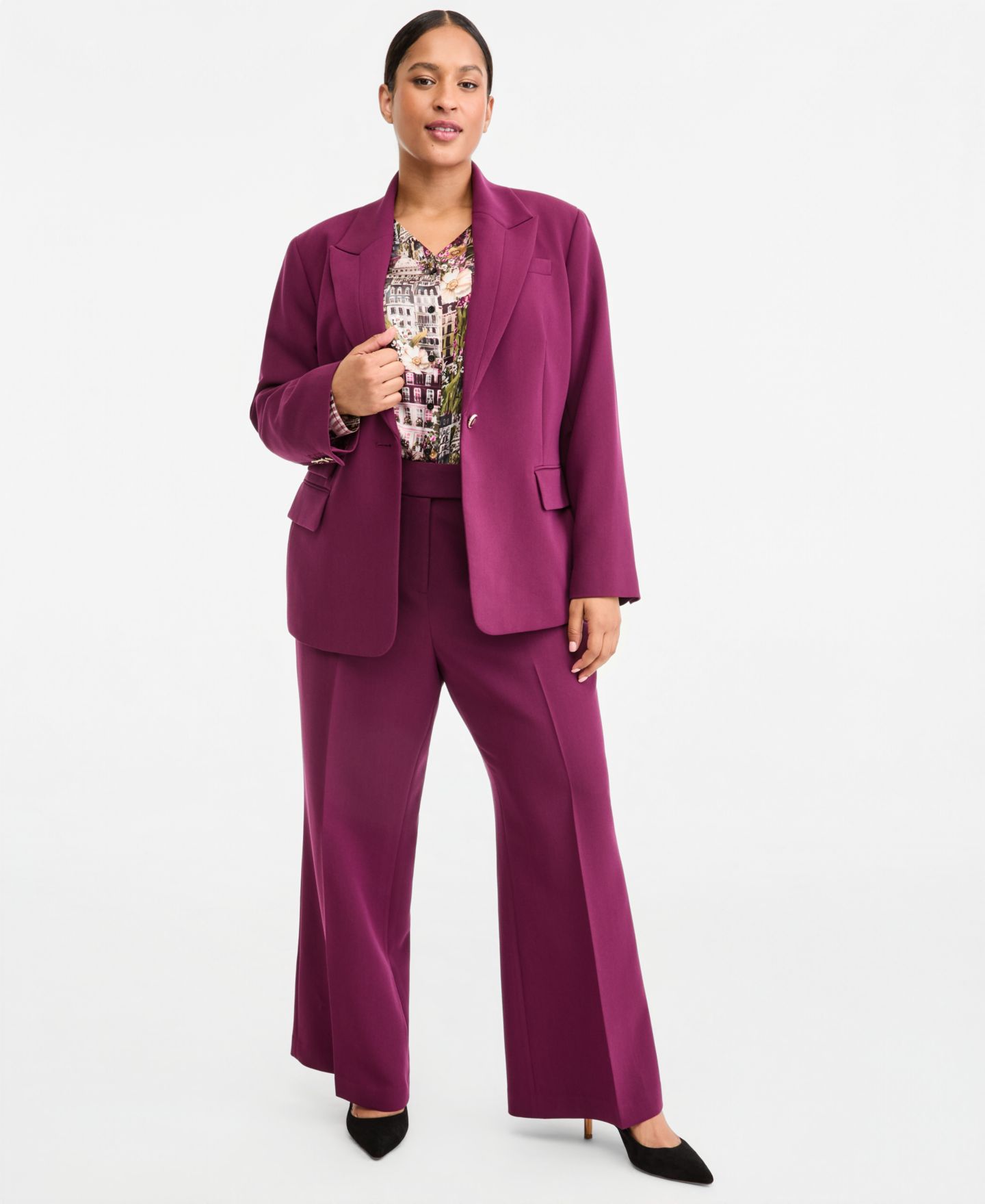 Женский пиджак KARL LAGERFELD PARIS Plus Size V-Neck One-Button Woven Blazer, цвет: Вишнёвый — фото 2
