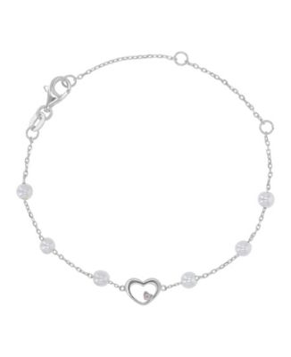 Rhodium Over Silver Cultured Pearl and Pink Cubic Zirconia Heart Bracelet