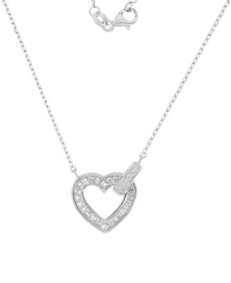 Rhodium Over Sterling Silver Cubic Zirconia Heart Rolo Chain Necklace
