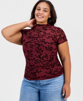 Plus Size Flocked Mesh Side-Ruched Mock Neck Top