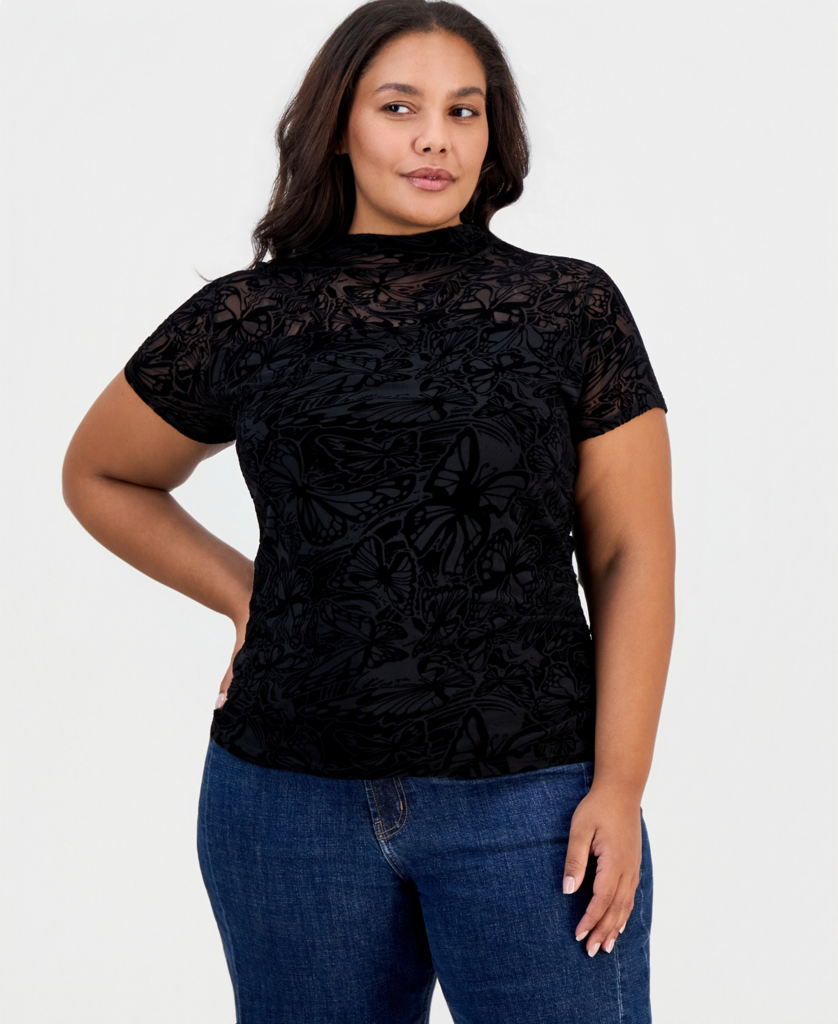 Full Circle Trends Plus Size Flocked Mesh Side-Ruched Mock Neck Top - Flock Abstract Black