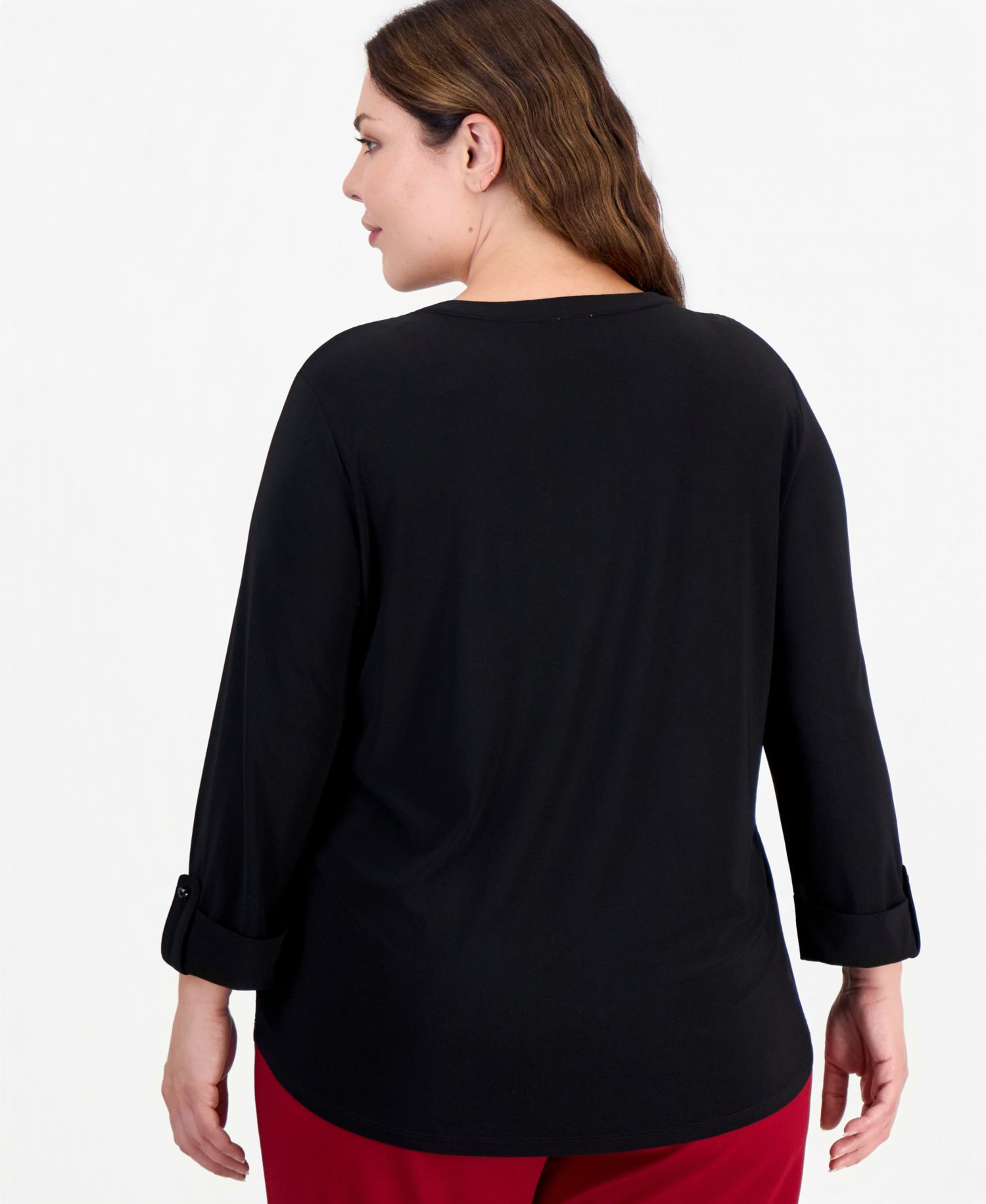 Plus Size 3/4-Sleeve Scoop Neck Roll-Cuff Top