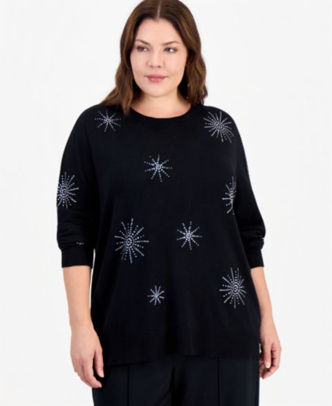 Женский свитер Anne Klein Essentials Plus Size Crewneck Long-Sleeve Embellished, цвет: Чёрный