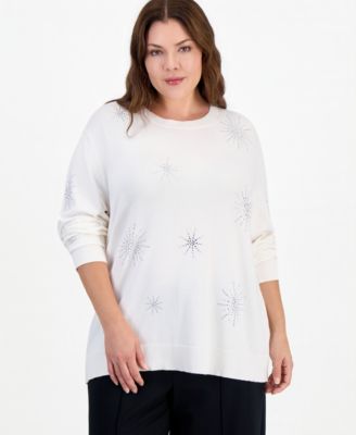 Plus Size Crewneck Long-Sleeve Embellished Sweater