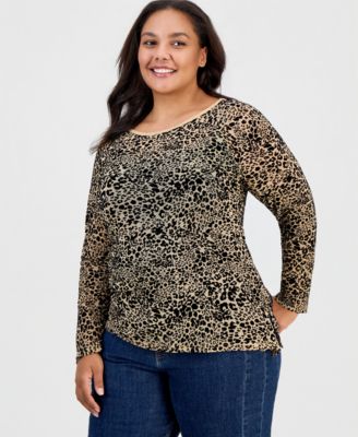 Plus Size Long-Sleeve Crewneck Flocked Mesh Top