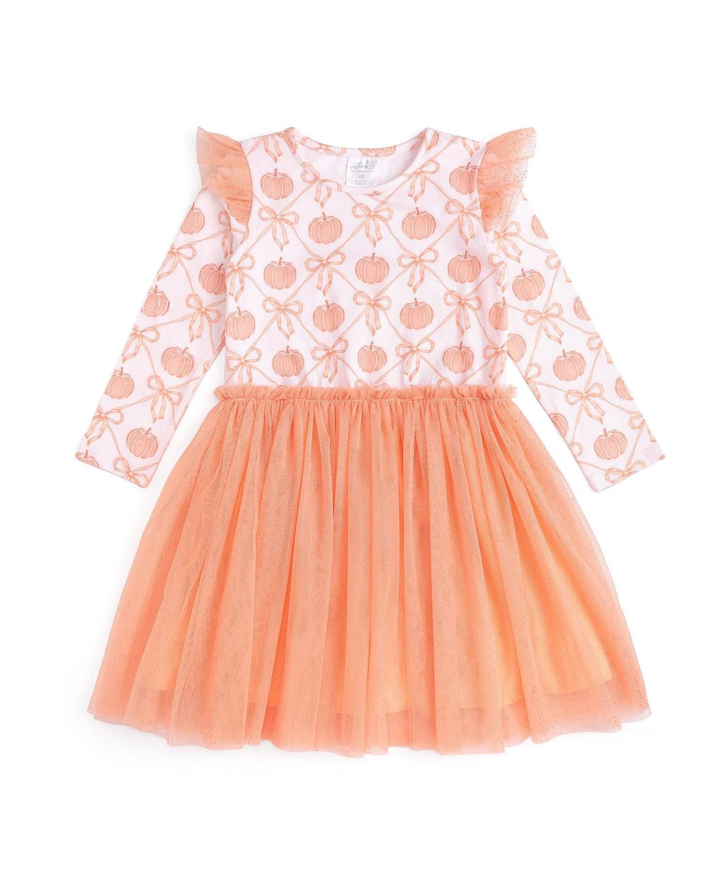 Little Girls Pumpkin Bow Trellis Long Sleeve Tutu Dress
