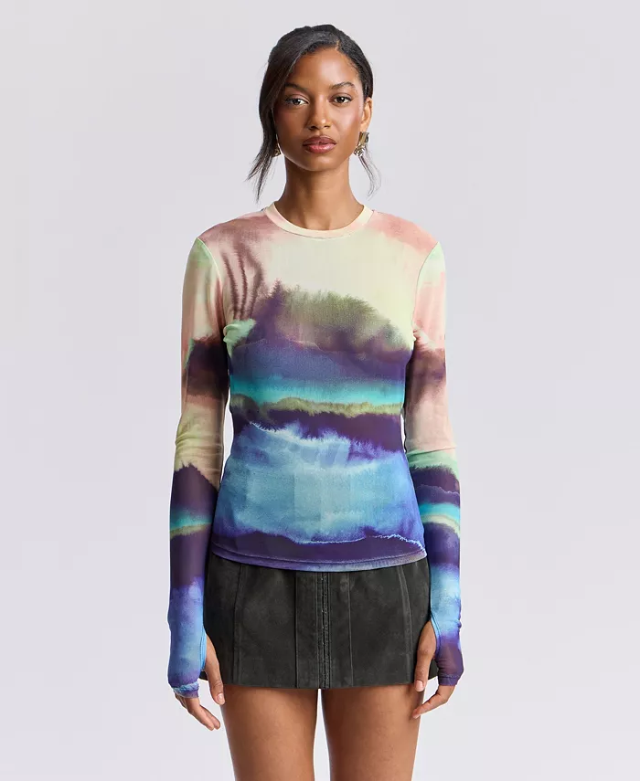 Women's Printed Long-Sleeve Mesh Top - thumbnail 3