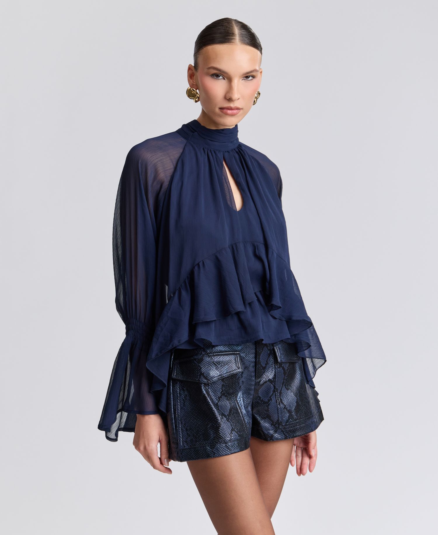 Women's Floral High-Neck Puff-Sleeve Top