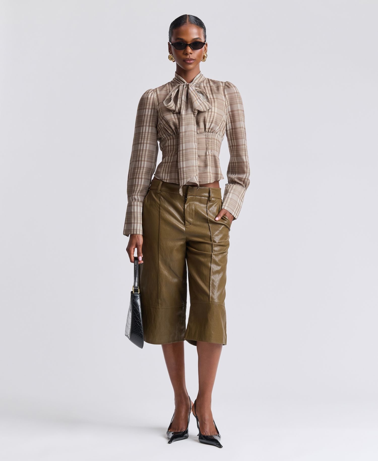 Women's Long Puff-Sleeve Scarf Neck Plaid Blouse