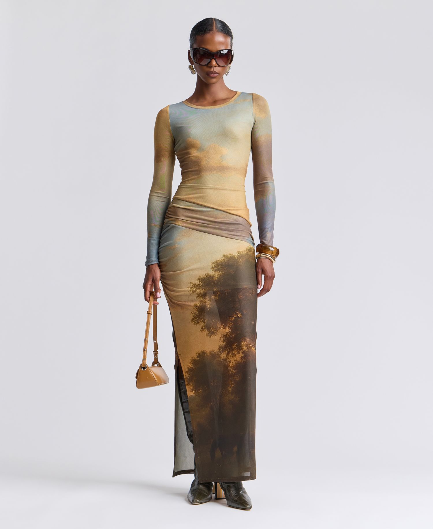 Women's Scoop Neck Long-Sleeve Shirred Waist Maxi Dress