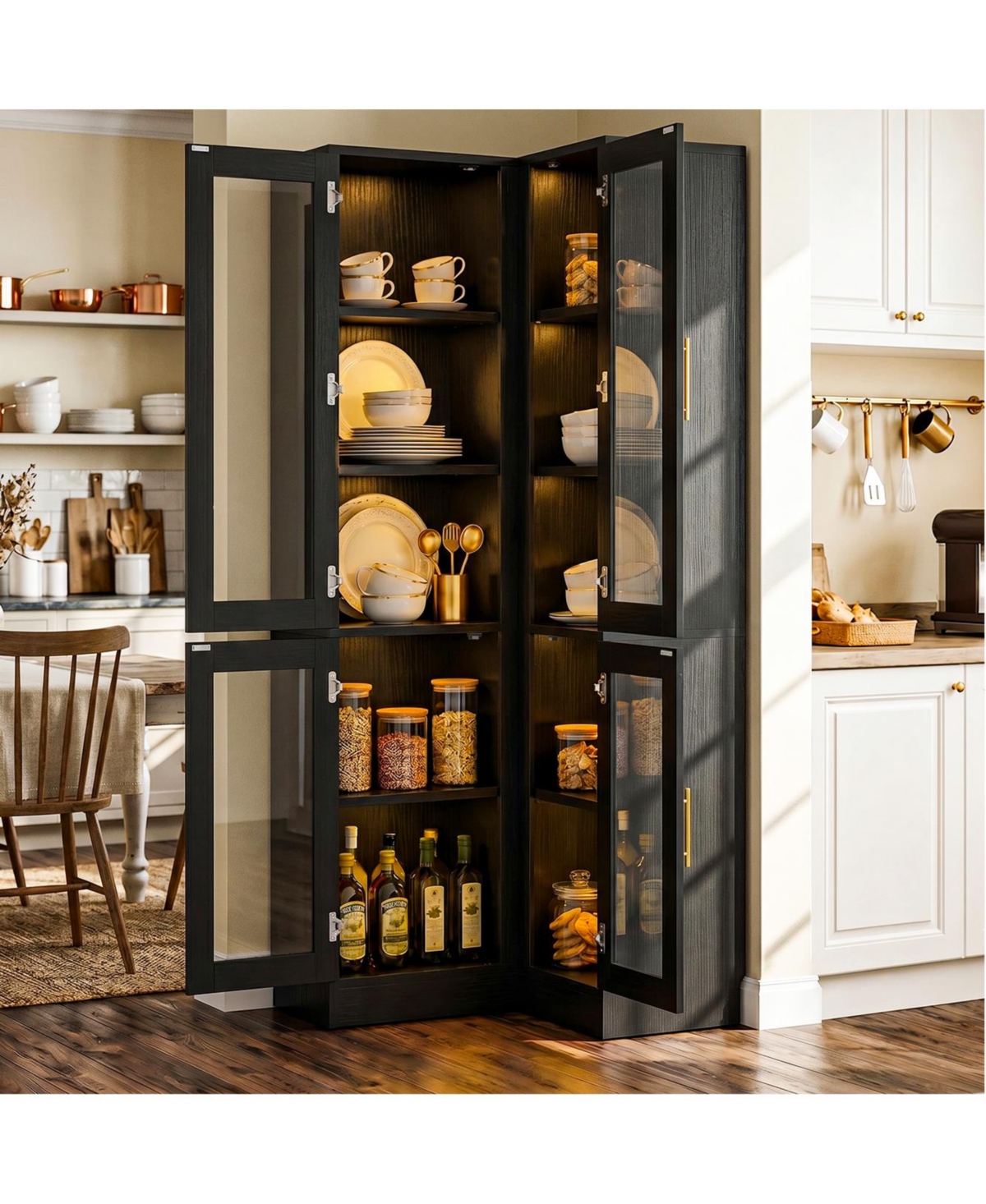 Aheaplus Tall 5-Tier Corner Pantry Cabinet with Glass Doors and Led Lights