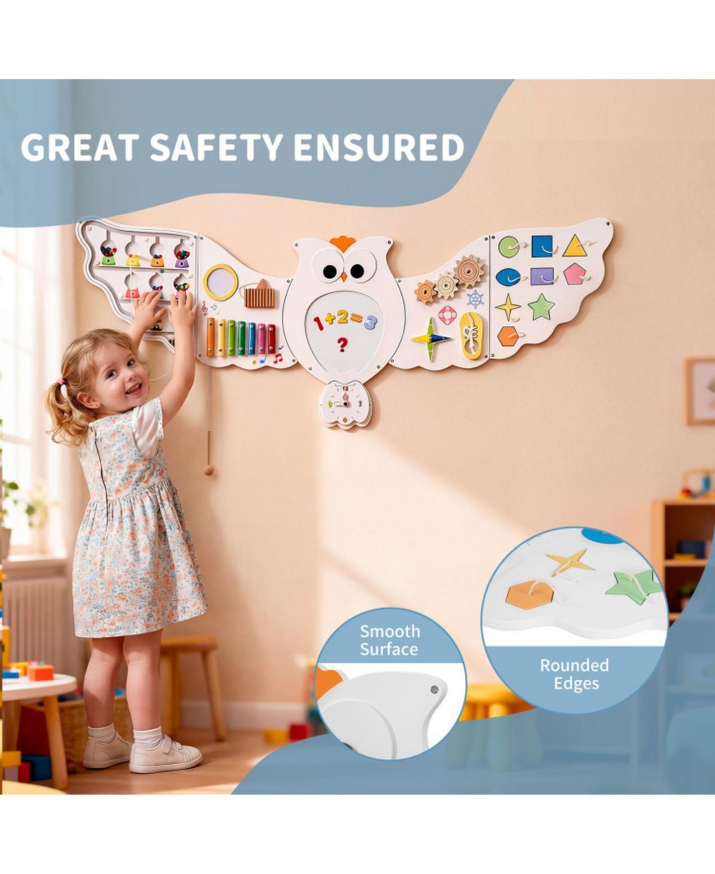 Детская игрушка HONGGE 11-in-1 Owl Busy Board Fine Motor Skills Stem Learning Activity Center, Ages 3+, цвет: Белый — фото 7