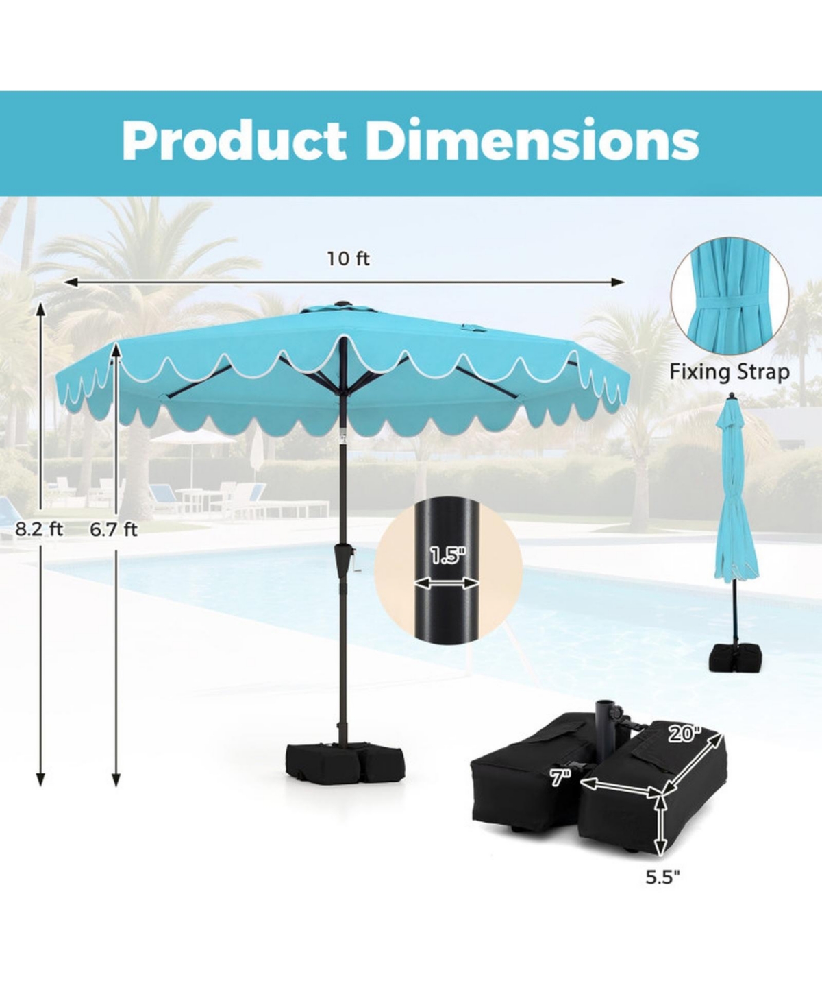 Gouun 10 Ft Outdoor Patio Umbrella with Weighted Base and Sandbag Set