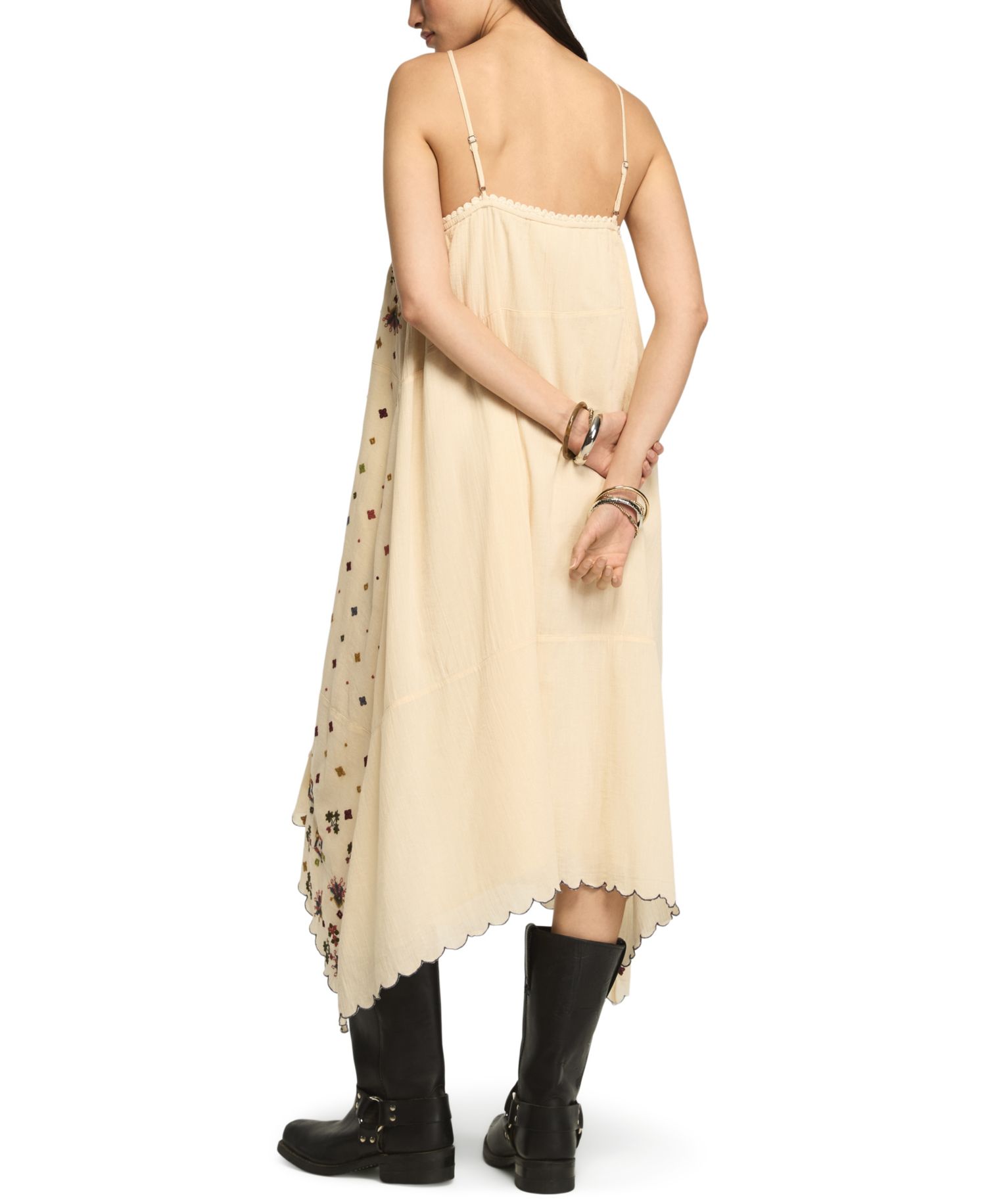Women's Contrast Embroidered Mix Floral Boho Midi Dress
