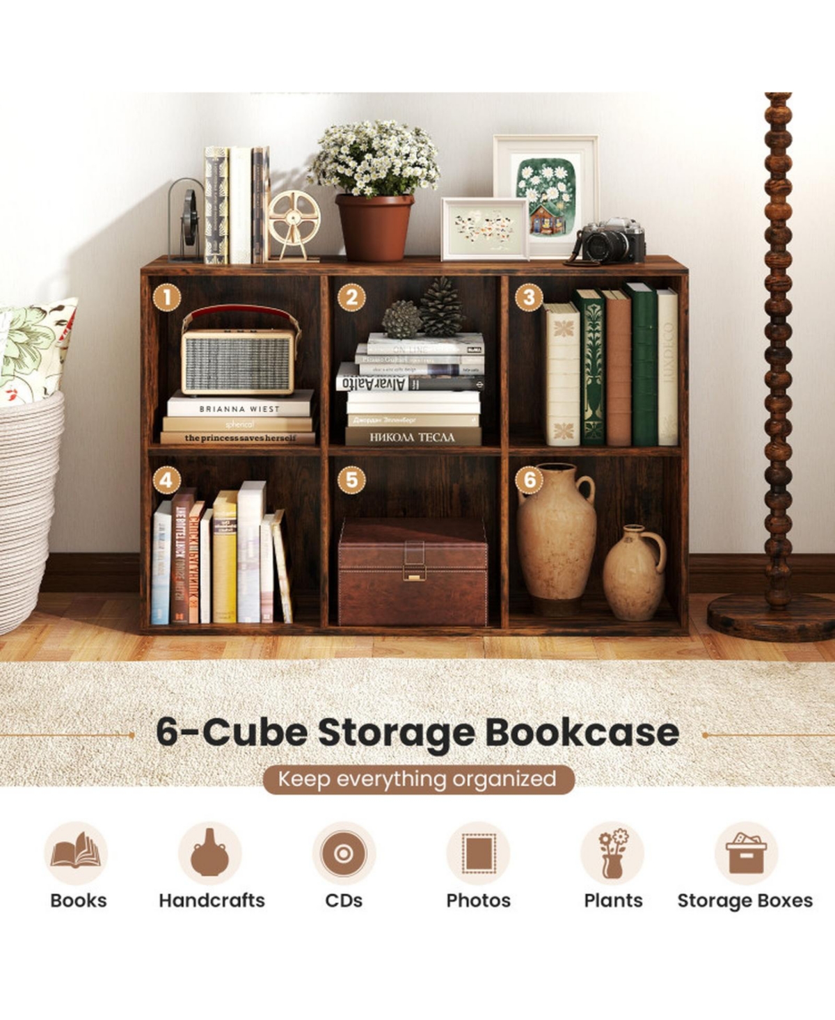 Sugift Modern 6-Cube Bookcase with Anti-Tipping Kits for Bedroom Living Room