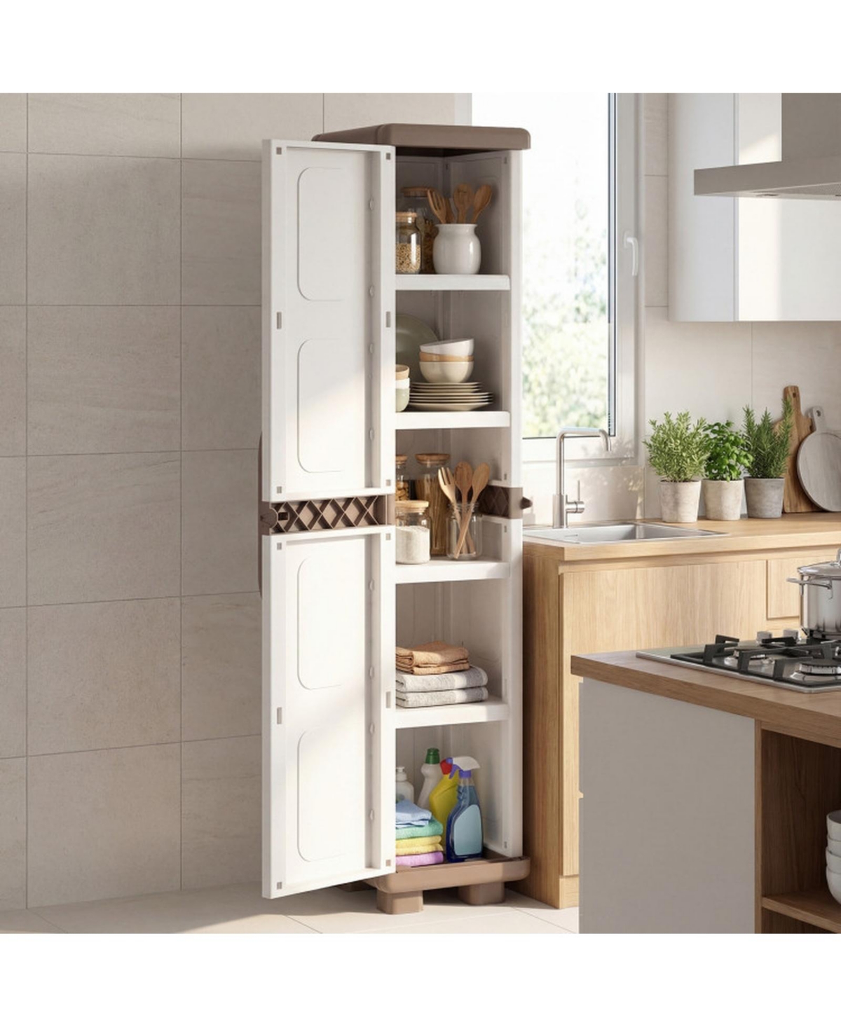 Sugift Plastic Pantry Storage Cabinet with 4 Adjustable Shelves and Single Door for Kitchen Living Room