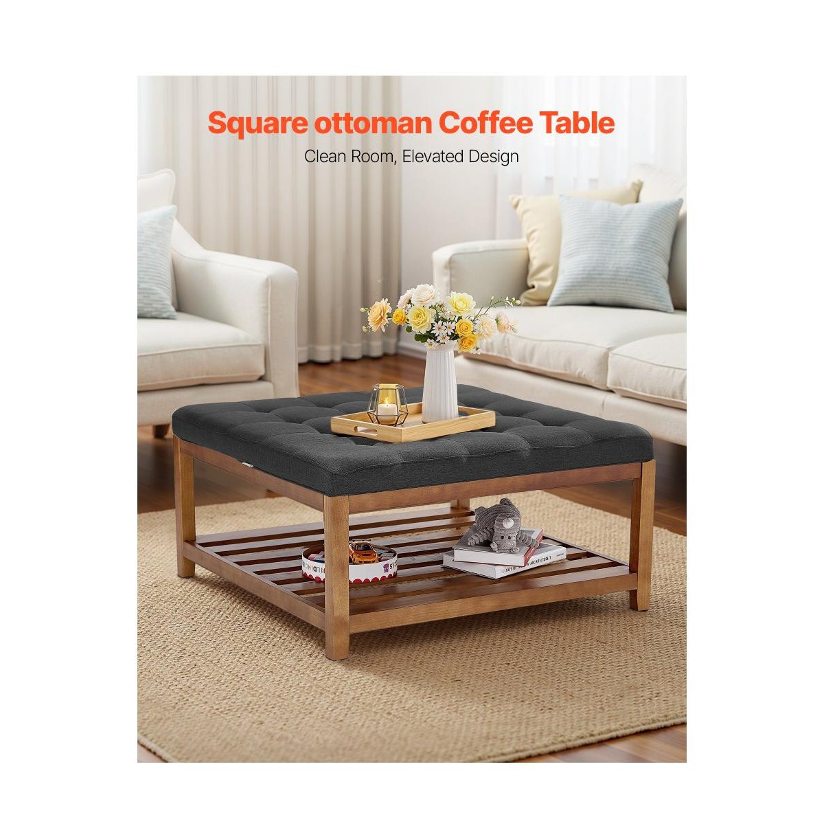 Slickblue Square Linen Upholstered Ottoman Coffee Table with Open Wood Shelf for Living Room