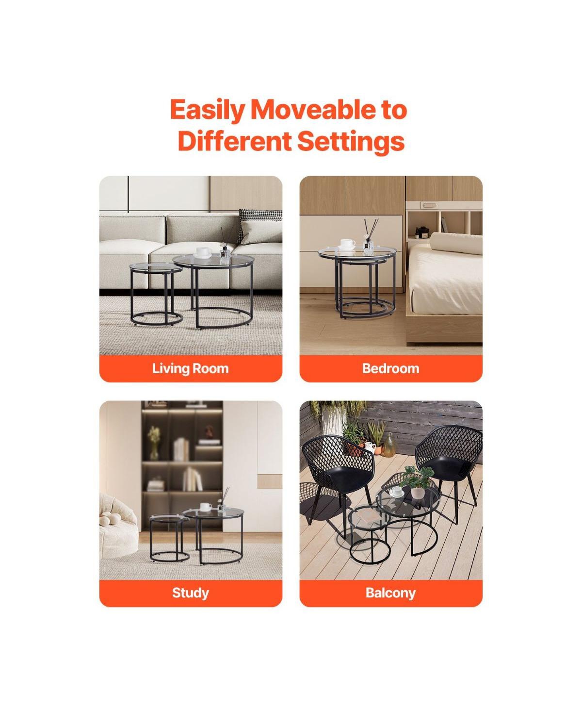 Slickblue Round Glass Coffee Table Set of 2 with Steel Frame, Nesting Accent Tables for Bedroom