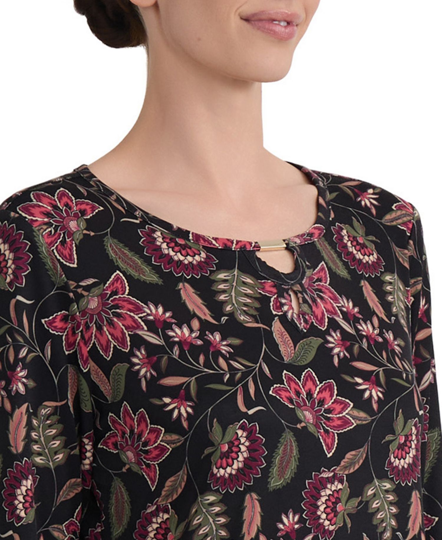 Women's Floral-Print Keyhole Neck 3/4-Sleeve Top