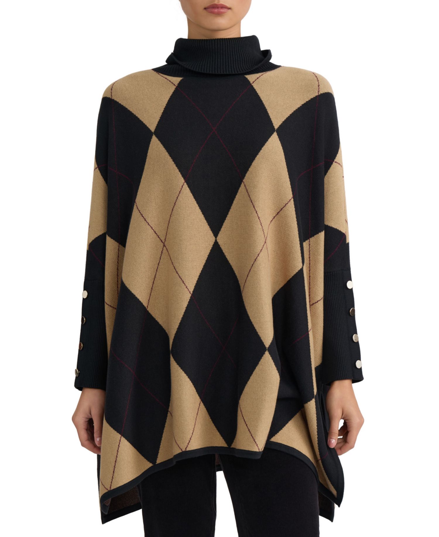 Women's Argyle Turtleneck Poncho Pull-On Sweater