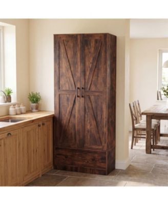 72 Inch Tall Farmhouse Wooden Kitchen Pantry Cabinet with 2 Doors and Bottom Drawer