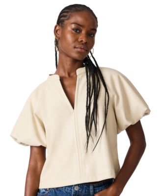 Women's Cecila Top Faux-Leather Puff-Sleeve Blouse