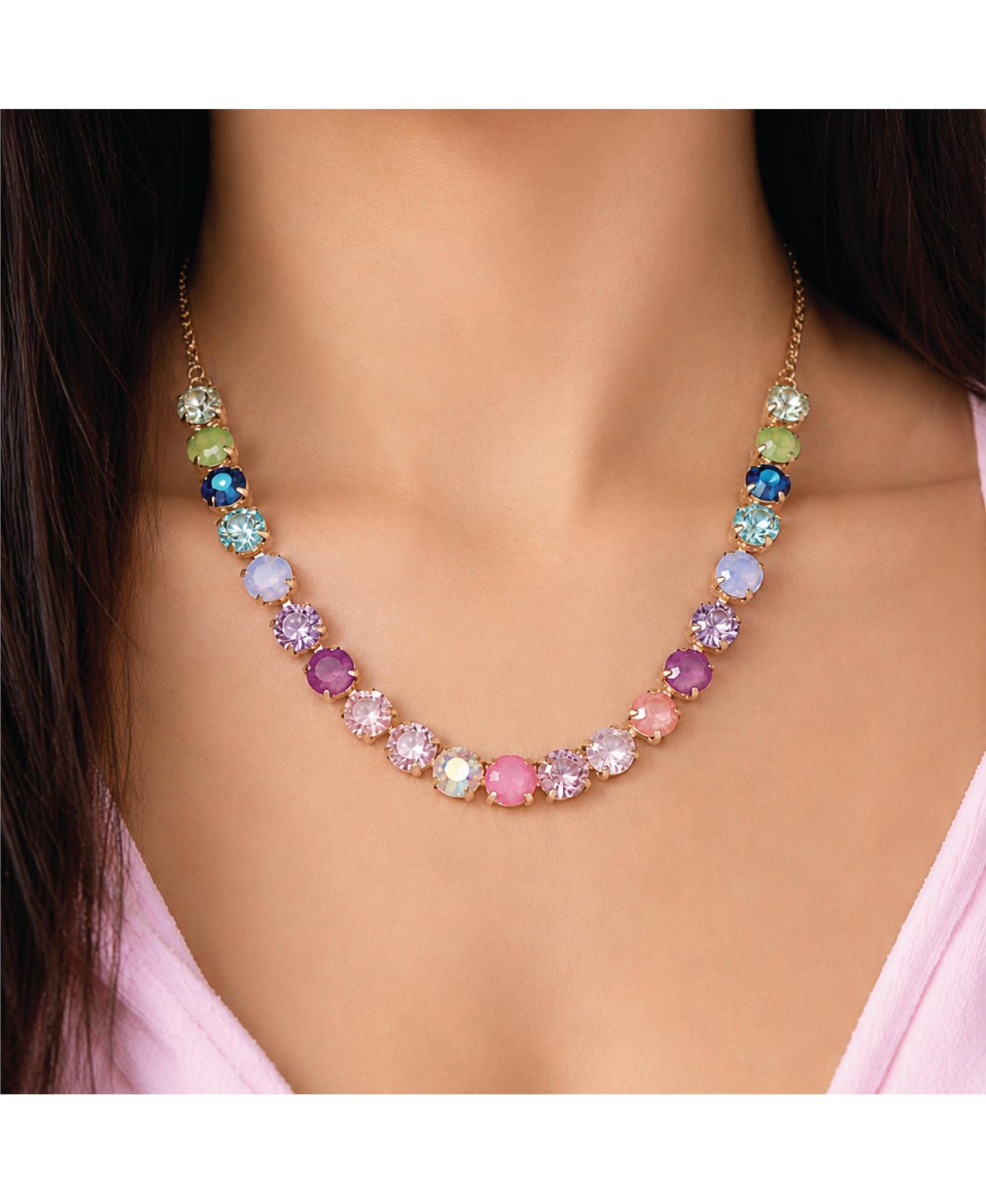 Womens Tennis Necklace with 8MM Multicolor Crystals, 16"+2" Gold Tone-Plated Tennis Jewelry