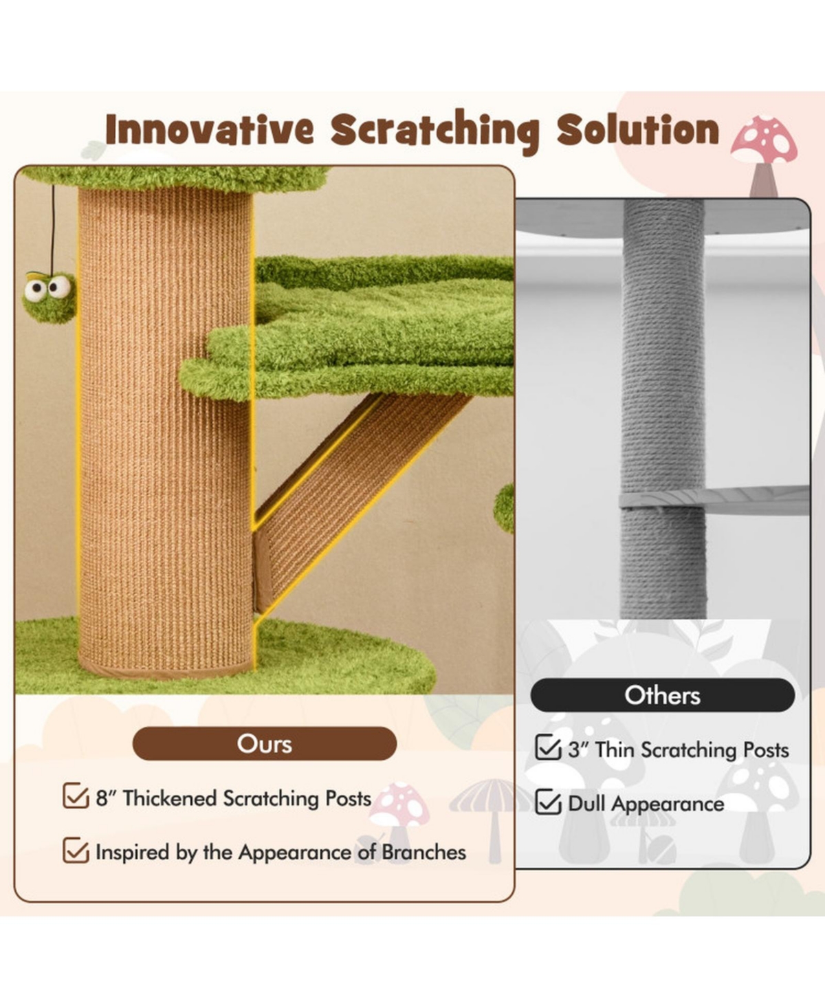 Sugift Mushroom Cat Tree for Indoor Cats with 2 Condos Plush Perch and Teasing Balls