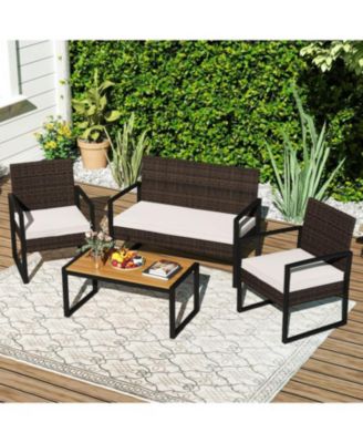 Patio Furniture Set Outdoor Rattan Conversation Set with Cushioned Chairs and Wood Plastic Coffee Table