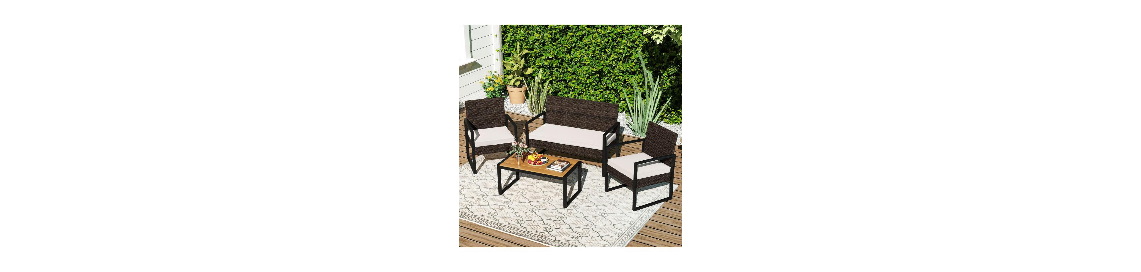 Boyel Living Patio Furniture Set Outdoor Rattan Conversation Set with Cushioned Chairs and Wood Plastic Coffee Table