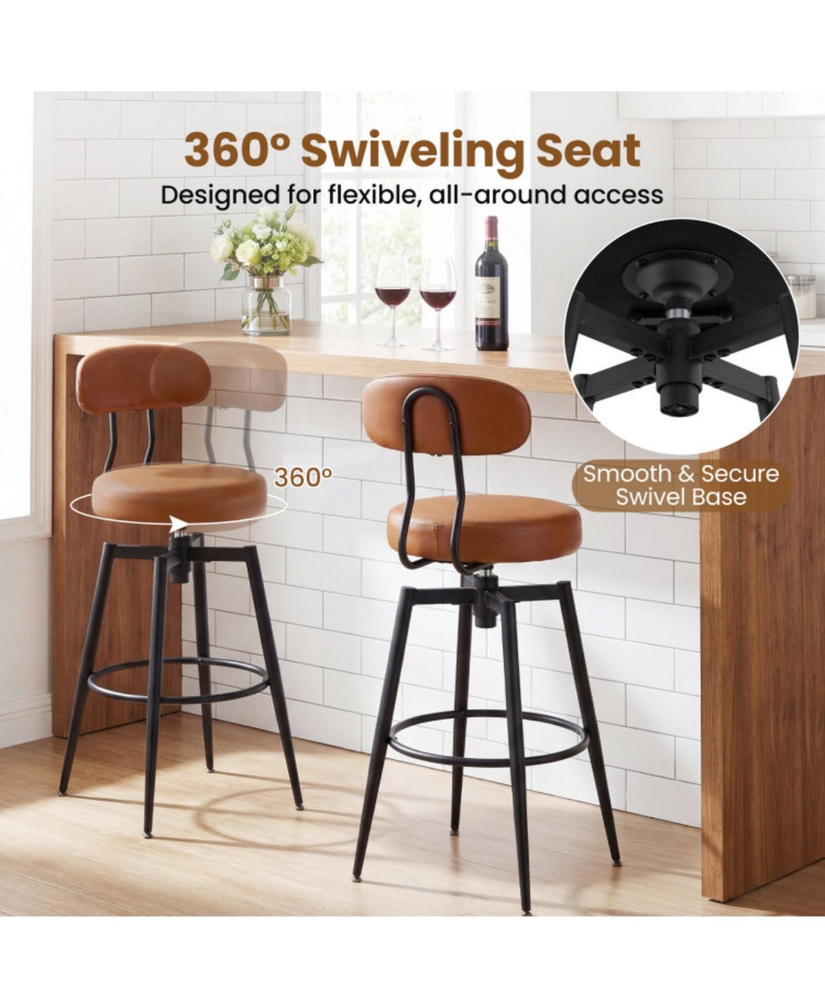 Sugift Set of 4 Swivel Barstools Faux Leather Upholstered Seat and Back