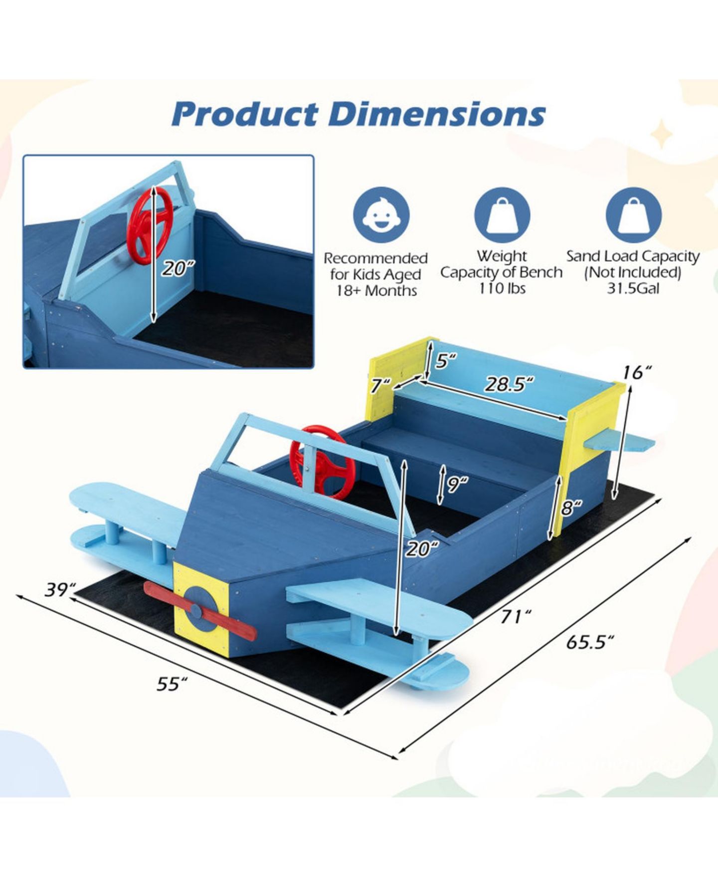 Детская игрушка SUGIFT Large Glider-Inspired Wooden Sandbox with Bench Seat, Ages 3-8, цвет: Синий — фото 3