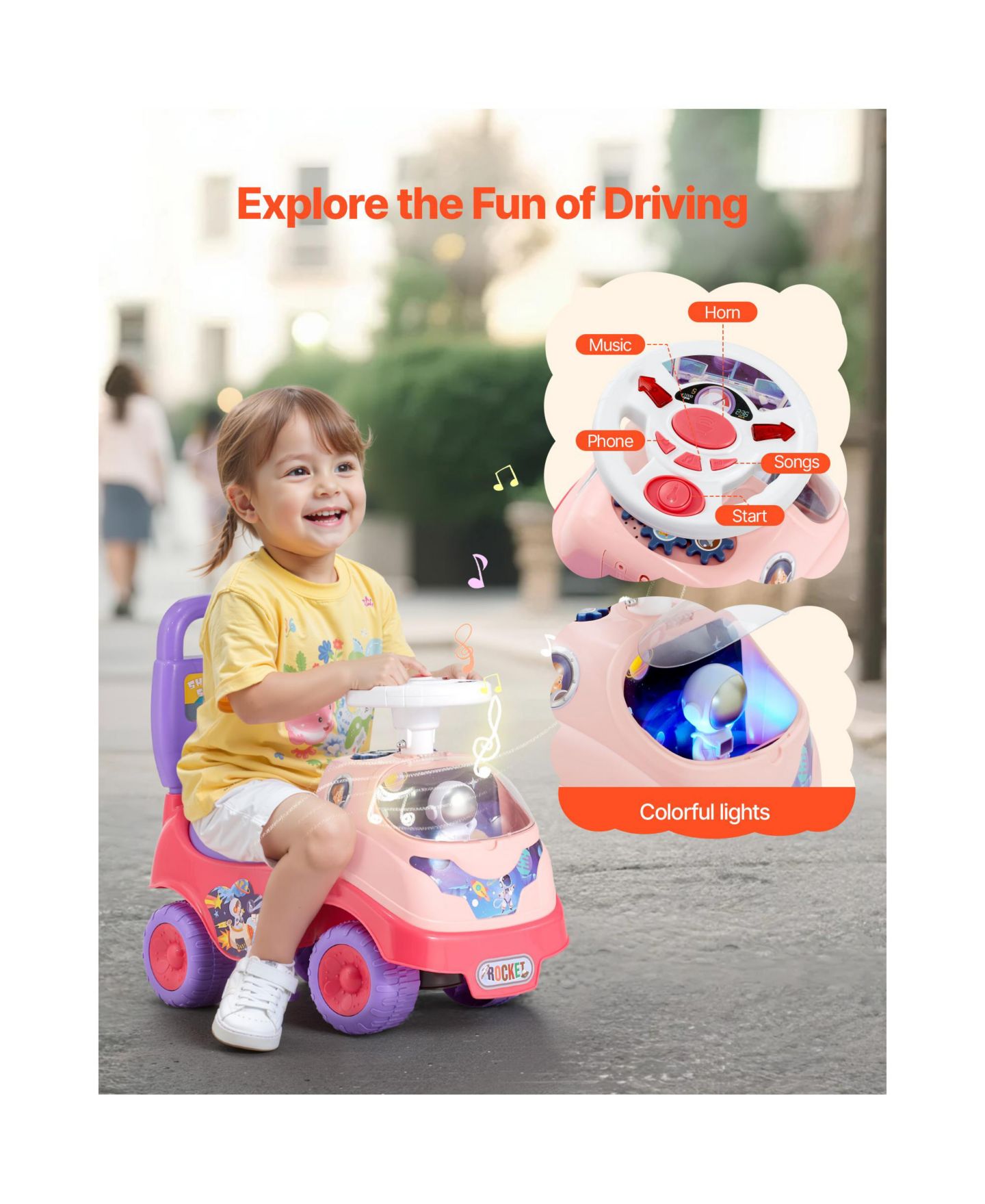 Детская игрушка HONGGE Foot to Floor Ride On Push Car with Interactive Steering Wheel, 48.5 lb Capacity, Ages 19-36 Months, цвет: Розовый разноцветный — фото 3