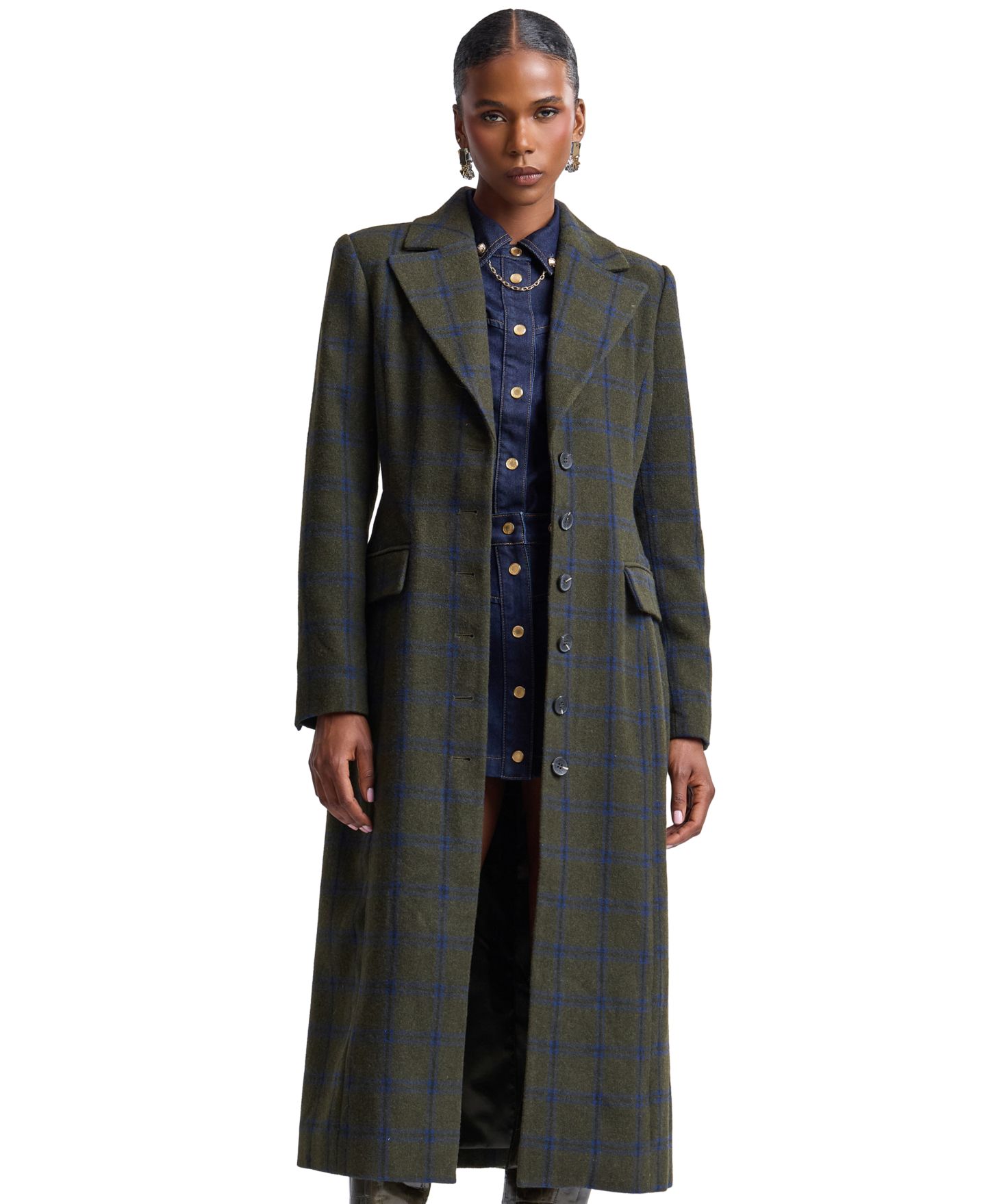 Женское пальто Avec Les Filles Plaid Wool-Blend Spread Collar Button-Front, цвет: Оливковый / Синий — фото 1