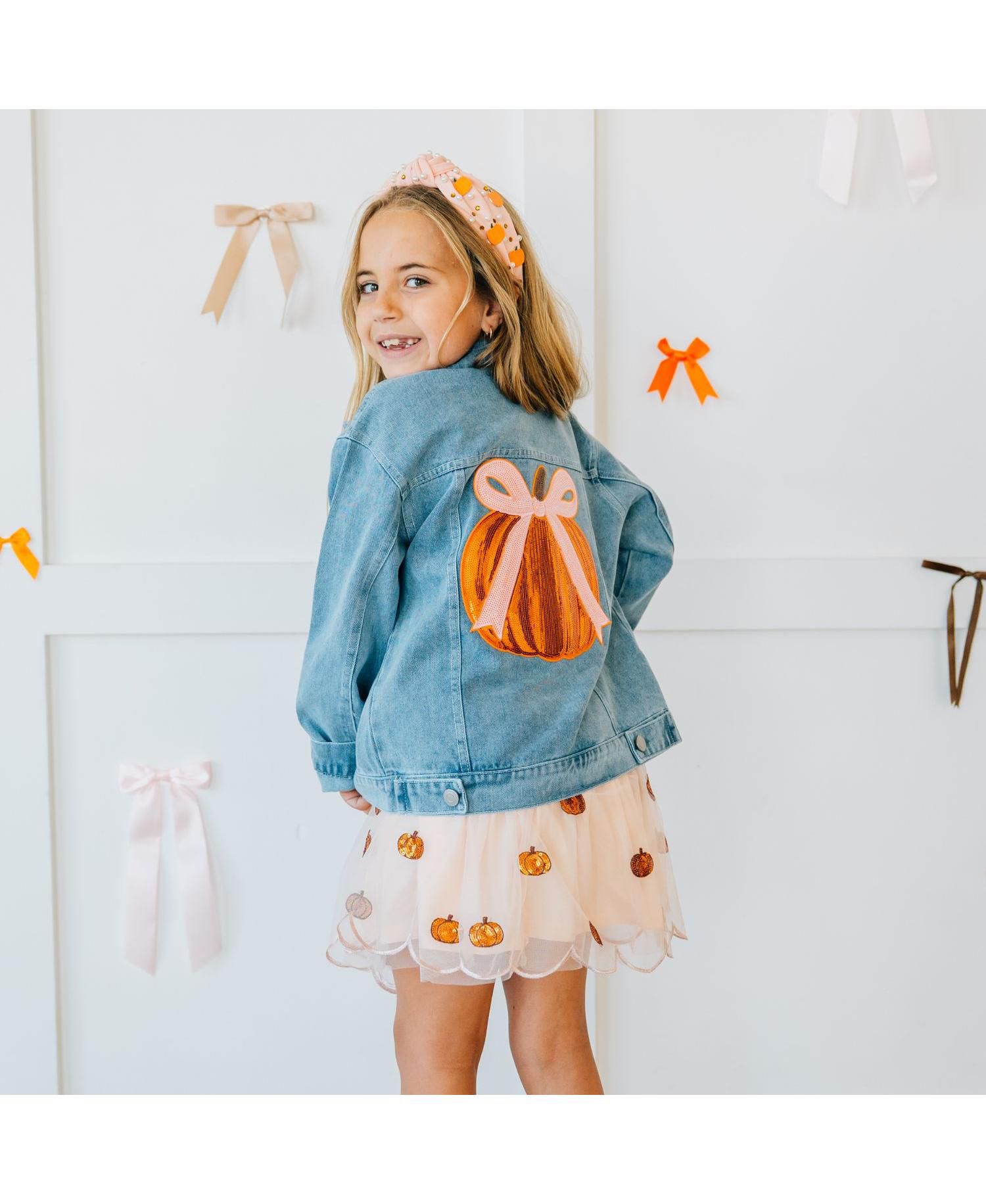 Toddler Girls Coquette Pumpkin Sequin Patch Denim Jacket