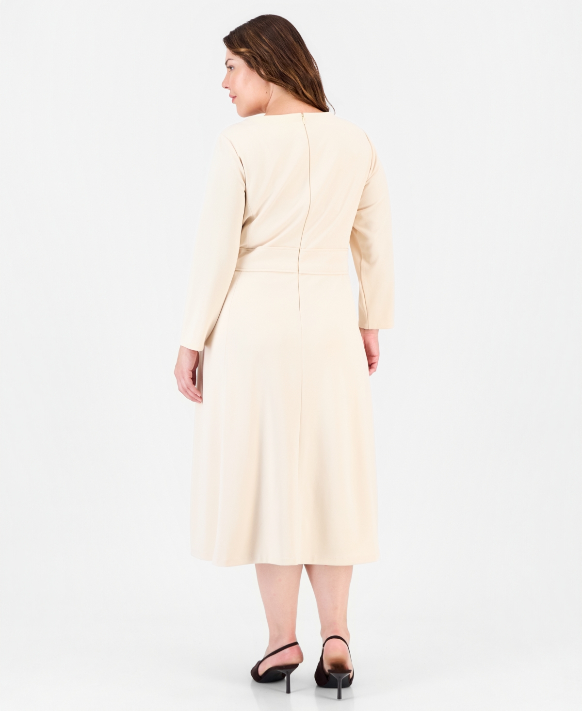 Anne Klein Plus Aline Tie Waist Midi Long-Sleeve Dress