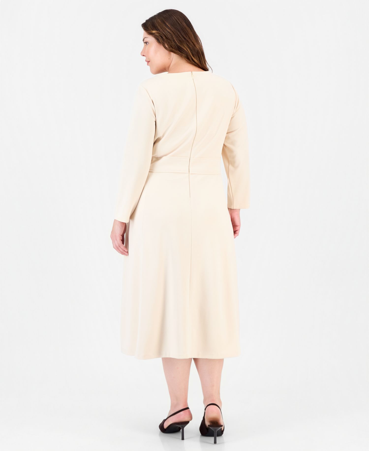 Plus Size Aline Tie Waist Midi Long-Sleeve Dress