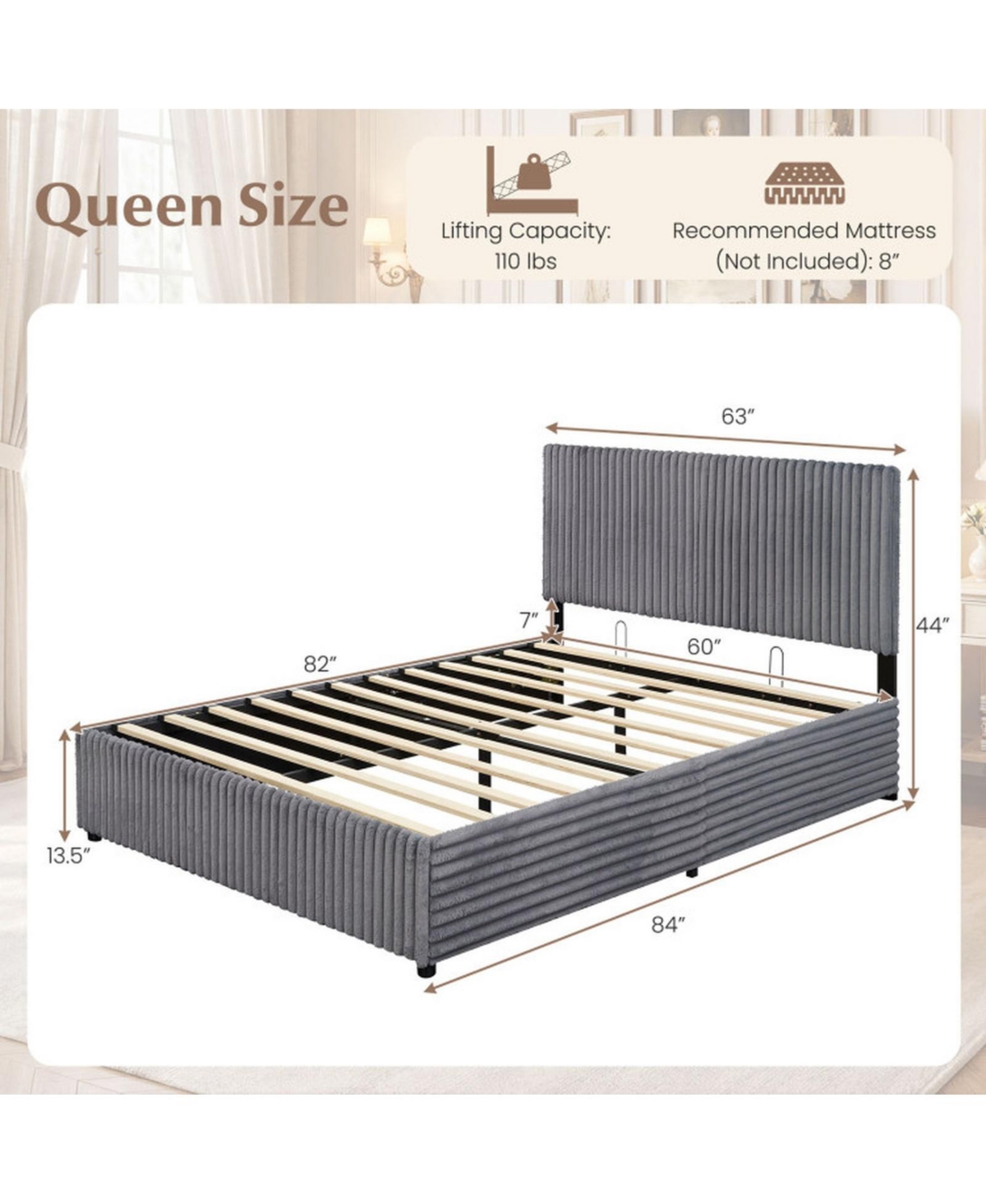 Sugift Queen Size Lift-Up Storage Bed with Upholstered Headboard and Slat Support