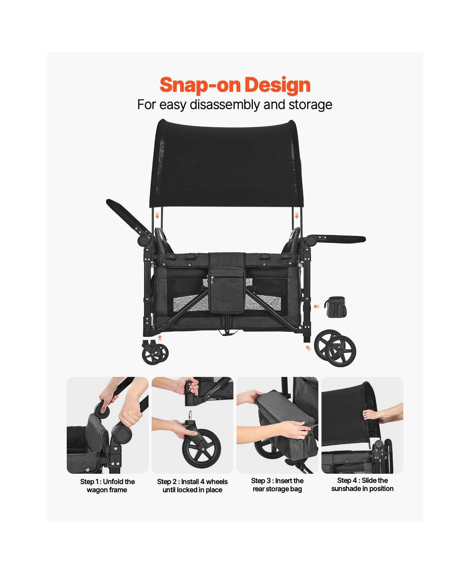 4-Kid Wagon Stroller, Collapsible Push/Pull Cart with Canopy, Safety Harnesses & Adjustable Handle, 330lb Capacity