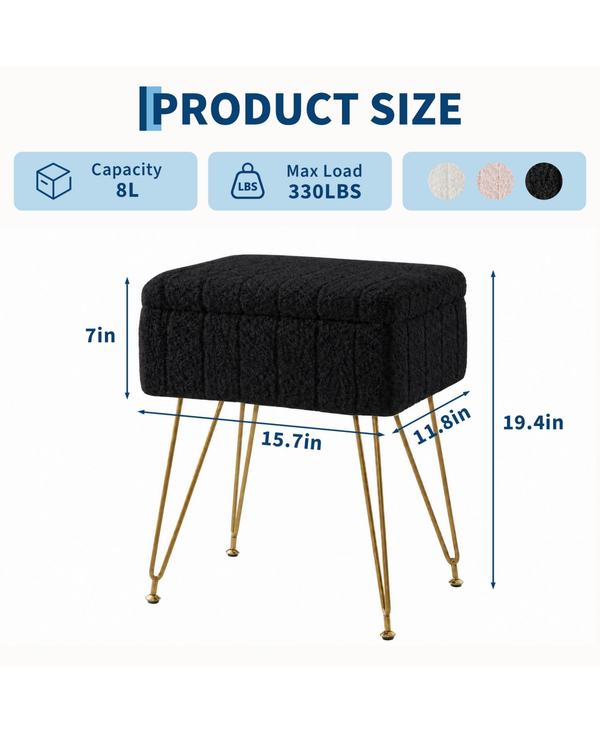 homfan Vanity Stool with Storage – 15.7" Faux Fur Ottoman Metal Legs and Anti-Slip Feet, Soft Padded Seat Foot Rest for Makeup Bedroom