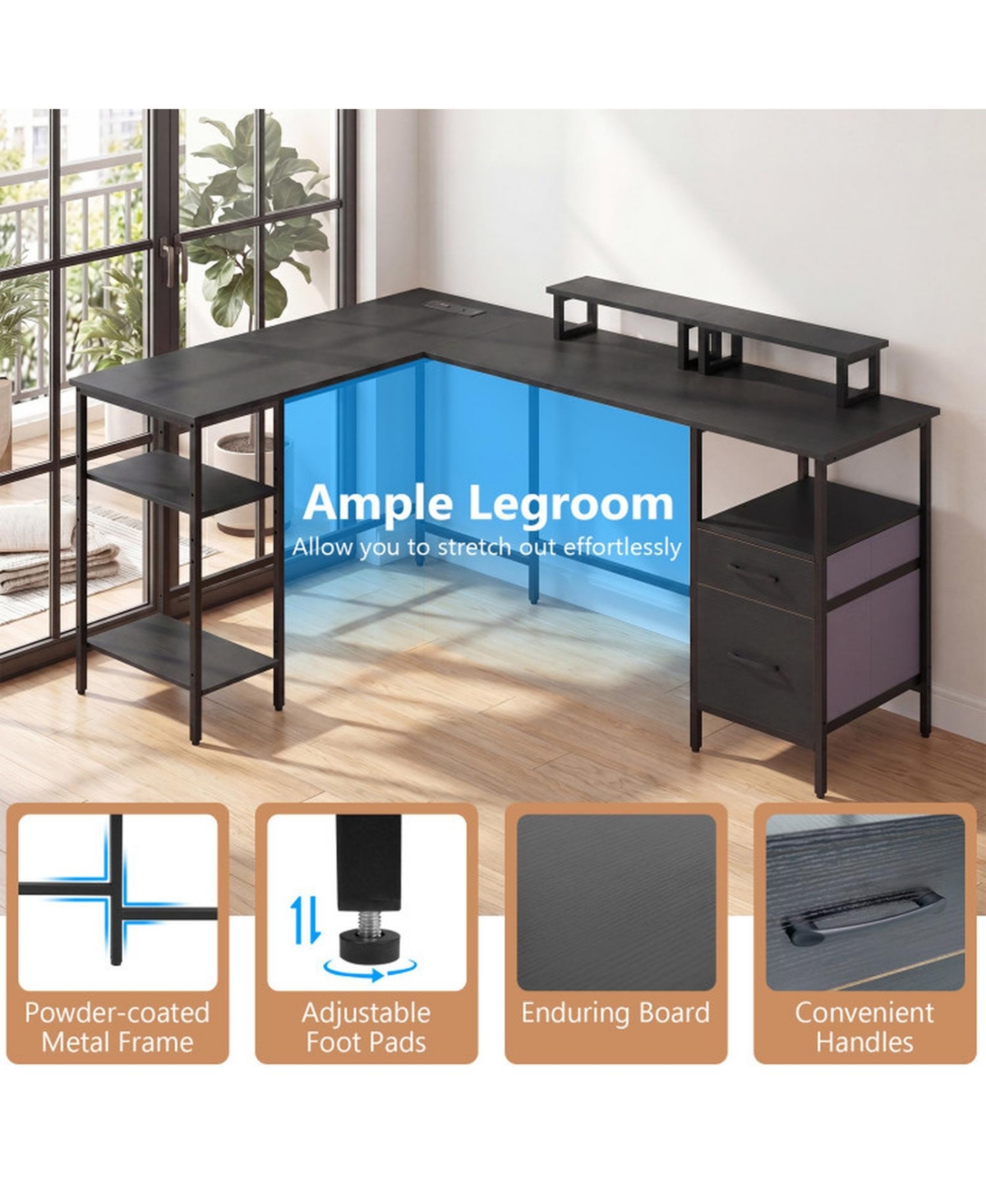 Sugift L-Shaped Reversible Computer Desk With Power Outlet Monitor Stand And 2 Foldable Drawers