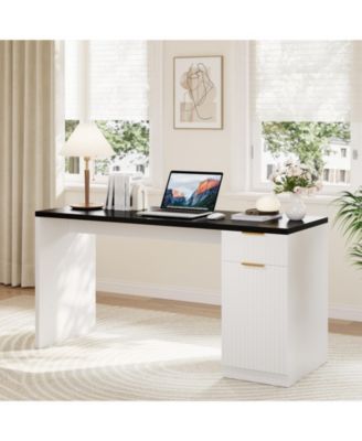 61" Farmhouse Executive Desk with Power and USB, Drawers, Fluted Cabinet, Gold Handles, Adjustable Shelf