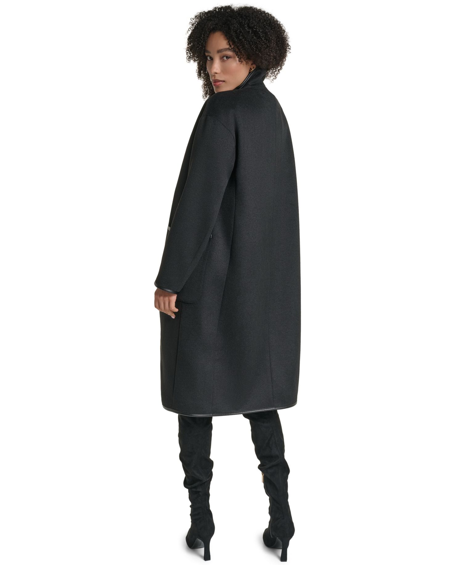 Women's Wool-Blend Faux-Leather Trimmed Funnel Neck Long Coat