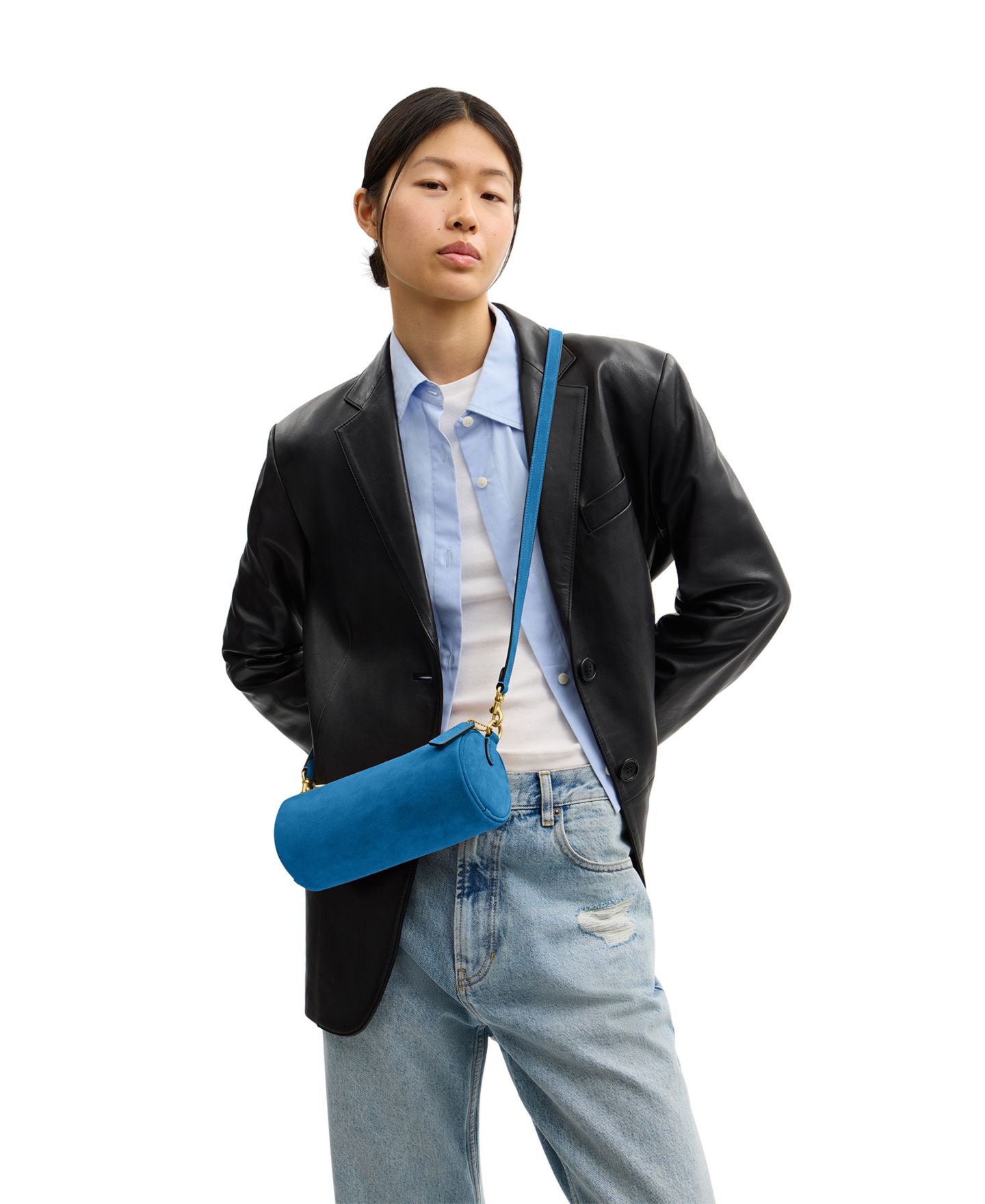 Женская сумка COACH Barrel Small Suede Slim Shoulder, цвет: Латунный / Синий — фото 8