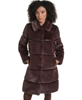 Women's Faux-Leather Trim Faux-Fur Coat