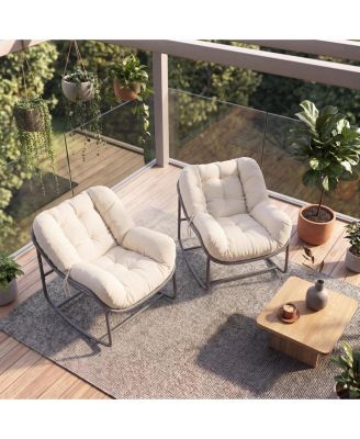 Set of 2 Patio Rocking Chair Set,Indoor Outdoor Padded Rocking Chair,Oversized Papasan Chairs,Wicker Egg Rockers, Lounge Chair for Patio