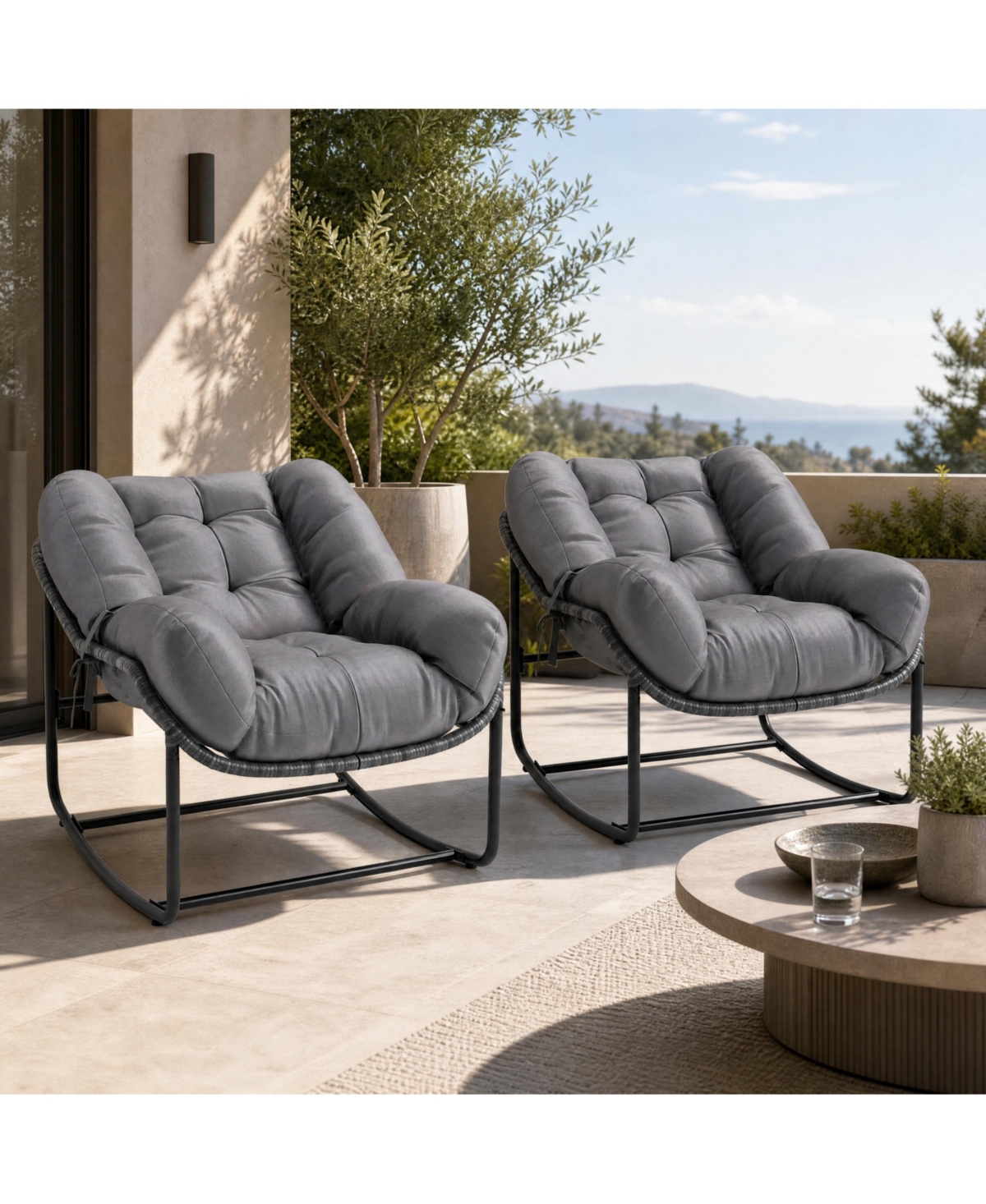 gaomon Set of 2 Patio Rocking Chair Set,Indoor Outdoor Padded Rocking Chair,Oversized Papasan Chairs,Wicker Egg Rockers, Lounge Chair for Patio - Grey