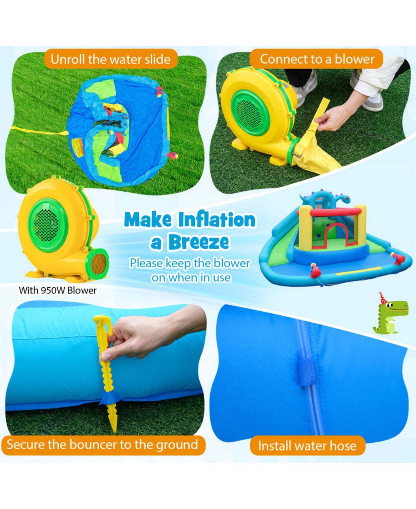 Детские игрушки SUGIFT Dinosaur Inflatable Water Slide Park with Double Slides and 950W Air Blower, цвет: Open Miscellaneous — фото 6